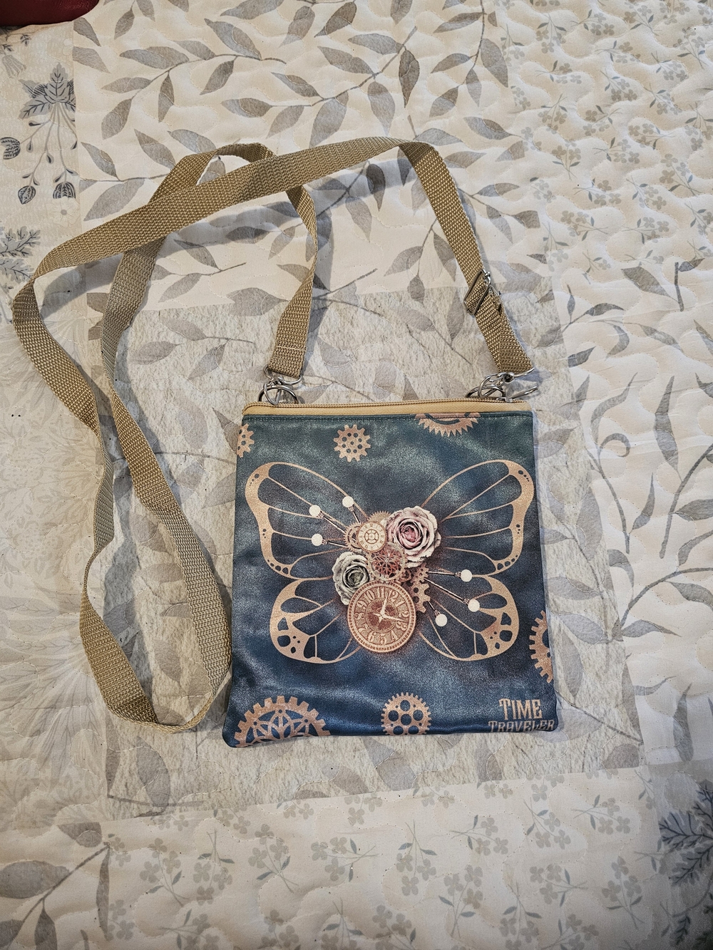 Blue Butterfly Crossbody Bag with Floral Gear Accent